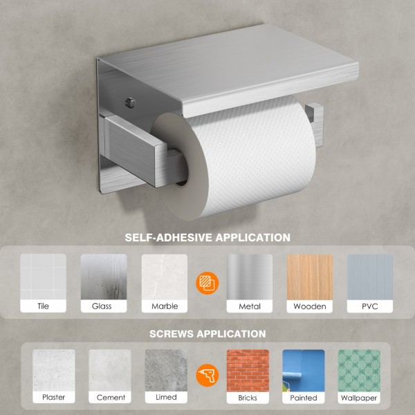 Auxmir Self Adhesive Toilet Paper Holder with Shelf, Premium SUS304 Stainless Steel Rustproof Wall Mounted Toilet Roll Holder, Toilet Tissue Holder for Bathroom Shower Washroom Kitchen RV