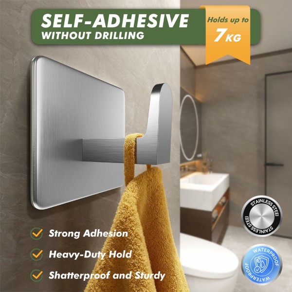 Auxmir Self Adhesive Hooks, Over 12kg Load Sticky Hooks Heavy Duty Stainless Steel, Waterproof & Rustproof, Large Hooks Stick on Bathroom, Kitchen, Door and Wall for Hanging Towel, Coat, Key