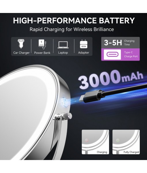 Auxmir 9" Large Lighted Makeup Mirror with Magnification, 1X/30X Double Sided Magnifying Mirror with Adjustable Height, Rechargeable Vanity Mirror with 3 Color Dimmable Lights, 360° Rotation