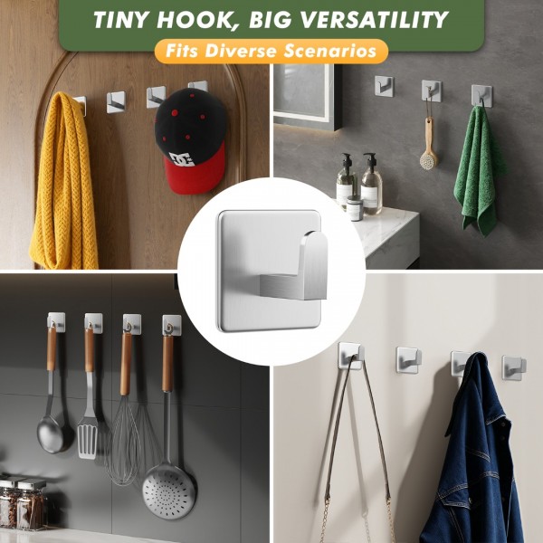 Auxmir Self Adhesive Hooks, Over 12kg Load Sticky Hooks Heavy Duty Stainless Steel, Waterproof & Rustproof, Large Hooks Stick on Bathroom, Kitchen, Door and Wall for Hanging Towel, Coat, Key