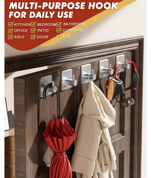 Auxmir Self Adhesive Hooks, Max 10kg Heavy Duty Sticky Hooks, Stainless Stick on Towel Hook, Nail Free Adhesive Hook for Kitchen, Bathroom, Cupboards, Office, Doors, Walls, Coats, Keys