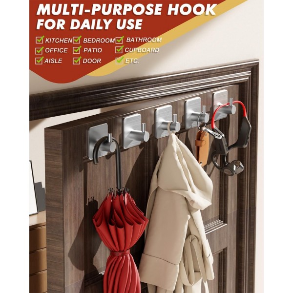 Auxmir Self Adhesive Hooks, Max 10kg Heavy Duty Sticky Hooks, Stainless Stick on Towel Hook, Nail Free Adhesive Hook for Kitchen, Bathroom, Cupboards, Office, Doors, Walls, Coats, Keys