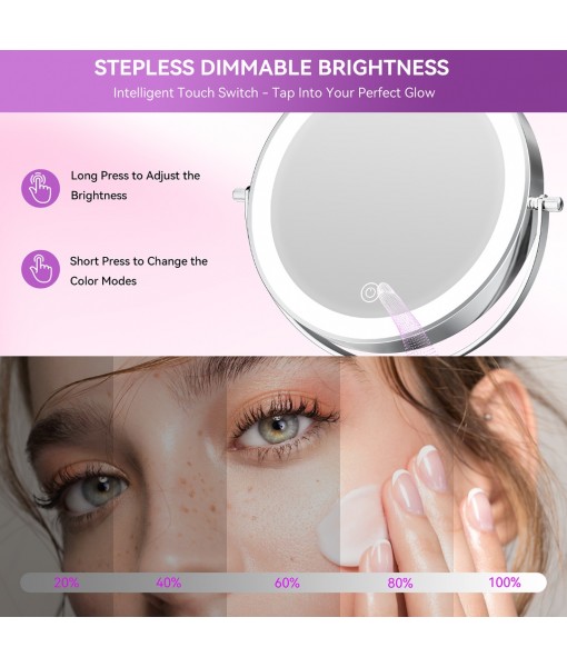 Auxmir 9" Large Lighted Makeup Mirror with Magnification, 1X/30X Double Sided Magnifying Mirror with Adjustable Height, Rechargeable Vanity Mirror with 3 Color Dimmable Lights, 360° Rotation