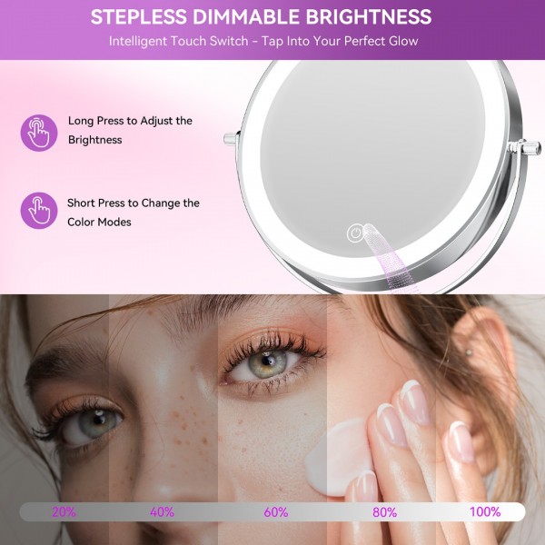 Auxmir 9" Large Lighted Makeup Mirror with Magnification, 1X/30X Double Sided Magnifying Mirror with Adjustable Height, Rechargeable Vanity Mirror with 3 Color Dimmable Lights, 360° Rotation