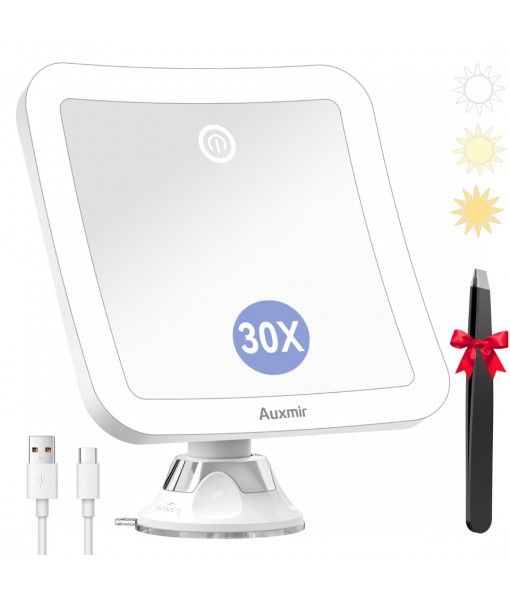 Auxmir Magnifying Mirror with Light, 30X Magnifying Lighted Makeup Mirror with Powerful Suction Cup and Tweezers, 360° Rotating 2000 mAh Rechargeable 3 Light Colors for Shaving, Bathroom, Travel