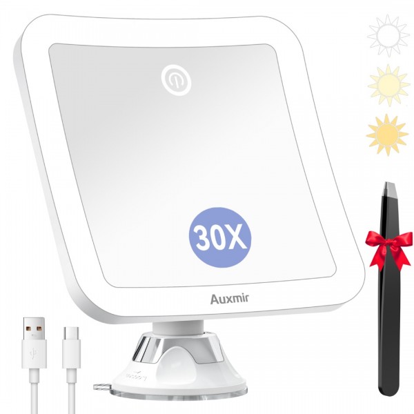 Auxmir Magnifying Mirror with Light, 30X Magnifying Lighted Makeup Mirror with Powerful Suction Cup and Tweezers, 360° Rotating 2000 mAh Rechargeable 3 Light Colors for Shaving, Bathroom, Travel