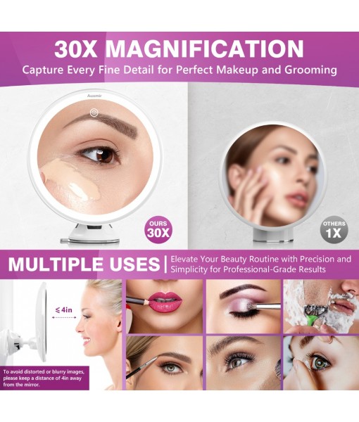 Auxmir 30X Magnifying Mirror, Rechargeable LED Magnifying Mirror with Strong Locking Suction Cup, 360° Rotating 3 Light Colors Dimmable Shaving Mirrors with Touch Switch, Bathroom Mirrors
