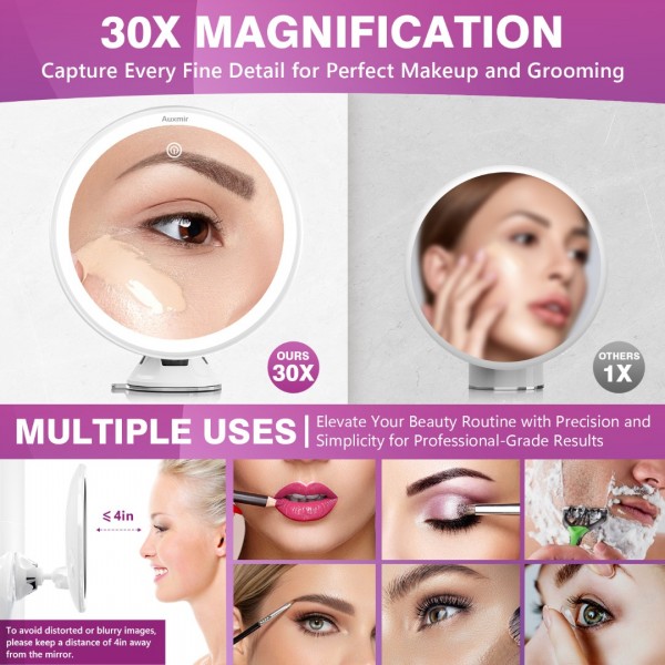 Auxmir 30X Magnifying Mirror, Rechargeable LED Magnifying Mirror with Strong Locking Suction Cup, 360° Rotating 3 Light Colors Dimmable Shaving Mirrors with Touch Switch, Bathroom Mirrors