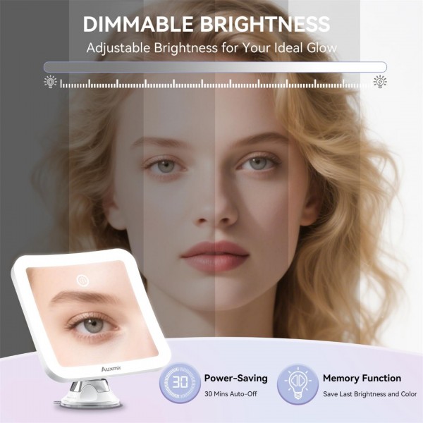 Auxmir Magnifying Mirror with Light, 30X Magnifying Lighted Makeup Mirror with Powerful Suction Cup and Tweezers, 360° Rotating 2000 mAh Rechargeable 3 Light Colors for Shaving, Bathroom, Travel