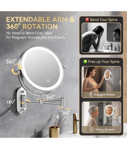 Auxmir 1X/30X Wall Mounted Lighted Makeup Mirror, Rechargeable Double-Sided Magnifying Mirror, Touch Dimmable 3 Color Lights, 360° Rotating Foldable Extension Arm