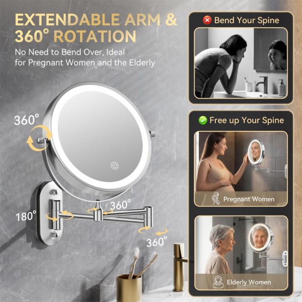 Auxmir 1X/30X Wall Mounted Lighted Makeup Mirror, Rechargeable Double-Sided Magnifying Mirror, Touch Dimmable 3 Color Lights, 360° Rotating Foldable Extension Arm