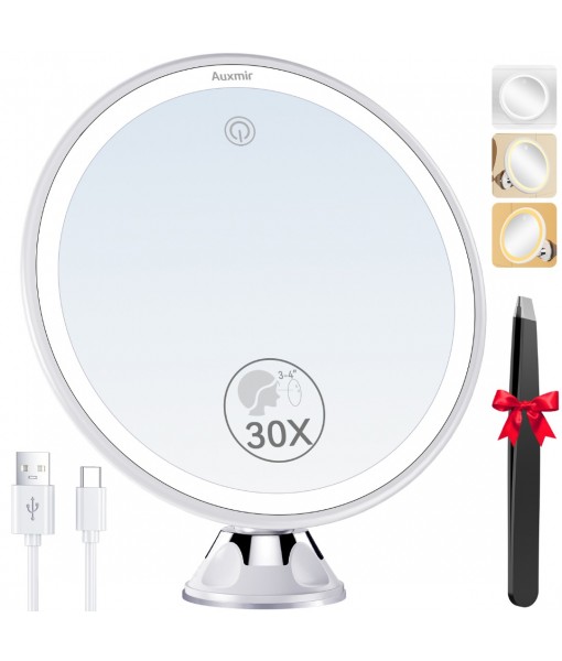 Auxmir 30X Magnifying Mirror, Rechargeable LED Magnifying Mirror with Strong Locking Suction Cup, 360° Rotating 3 Light Colors Dimmable Shaving Mirrors with Touch Switch, Bathroom Mirrors