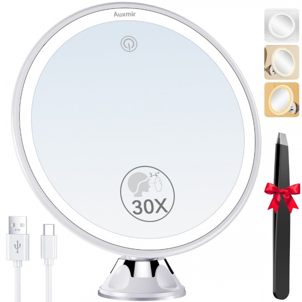 Auxmir 30X Magnifying Mirror, Rechargeable LED Magnifying Mirror with Strong Locking Suction Cup, 360° Rotating 3 Light Colors Dimmable Shaving Mirrors with Touch Switch, Bathroom Mirrors