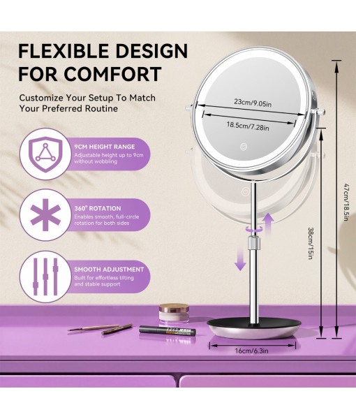 Auxmir 9" Large Lighted Makeup Mirror with Magnification, 1X/30X Double Sided Magnifying Mirror with Adjustable Height, Rechargeable Vanity Mirror with 3 Color Dimmable Lights, 360° Rotation