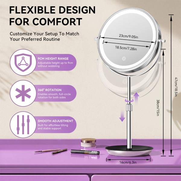 Auxmir 9" Large Lighted Makeup Mirror with Magnification, 1X/30X Double Sided Magnifying Mirror with Adjustable Height, Rechargeable Vanity Mirror with 3 Color Dimmable Lights, 360° Rotation