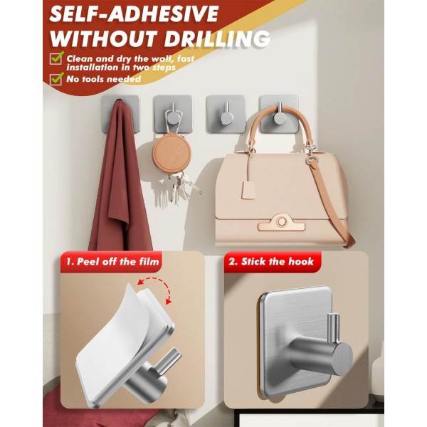 Auxmir Self Adhesive Hooks, Max 10kg Heavy Duty Sticky Hooks, Stainless Stick on Towel Hook, Nail Free Adhesive Hook for Kitchen, Bathroom, Cupboards, Office, Doors, Walls, Coats, Keys