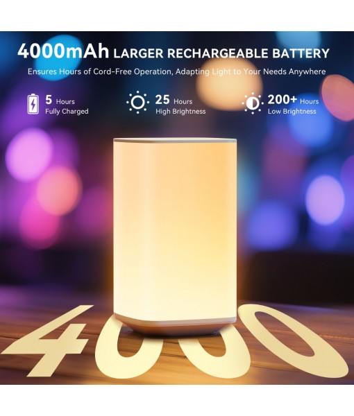 Auxmir Night Light, 4000mAh Rechargeable LED Table Lamp, Touch Bedside Lamp with RGB Colors, Dimmable Brightness, Remote Control, Portable Light for Children, Kids, Bedroom, Living Room, Camping