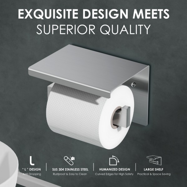 Auxmir Self Adhesive Toilet Paper Holder with Shelf, Premium SUS304 Stainless Steel Rustproof Wall Mounted Toilet Roll Holder, Toilet Tissue Holder for Bathroom Shower Washroom Kitchen RV