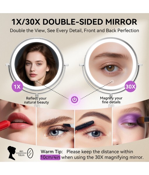 Auxmir 9" Large Lighted Makeup Mirror with Magnification, 1X/30X Double Sided Magnifying Mirror with Adjustable Height, Rechargeable Vanity Mirror with 3 Color Dimmable Lights, 360° Rotation