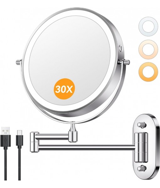 Auxmir 1X/30X Wall Mounted Lighted Makeup Mirror, Rechargeable Double-Sided Magnifying Mirror, Touch Dimmable 3 Color Lights, 360° Rotating Foldable Extension Arm