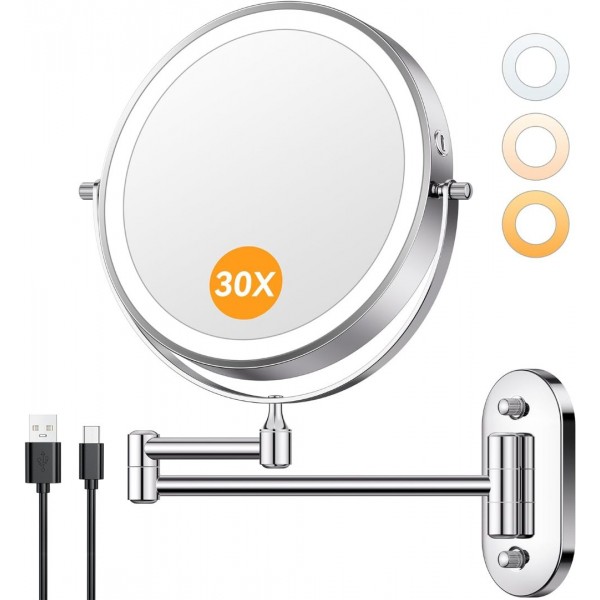 Auxmir 1X/30X Wall Mounted Lighted Makeup Mirror, Rechargeable Double-Sided Magnifying Mirror, Touch Dimmable 3 Color Lights, 360° Rotating Foldable Extension Arm