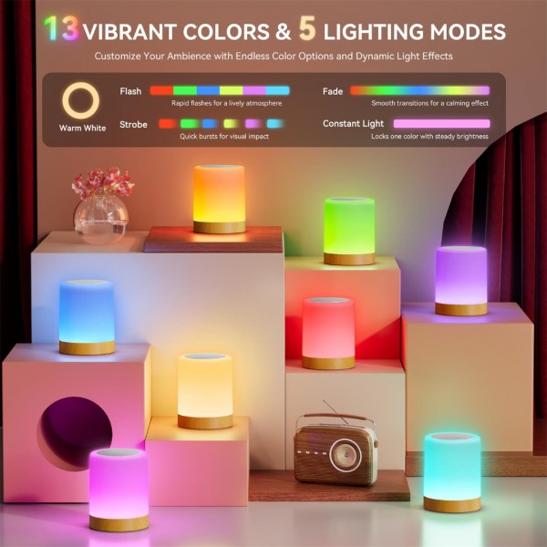 Auxmir Night Light, 3000mAh Rechargeable LED Bedside Table Lamp, Touch & Remote Control Dimmable Light, RGB Color Changing & 5 Modes, Portable Lamp for Bedroom, Living Room, Camping
