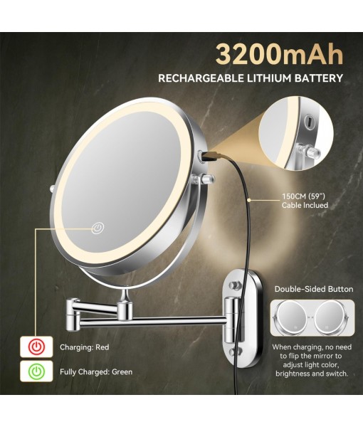 Auxmir 1X/30X Wall Mounted Lighted Makeup Mirror, Rechargeable Double-Sided Magnifying Mirror, Touch Dimmable 3 Color Lights, 360° Rotating Foldable Extension Arm