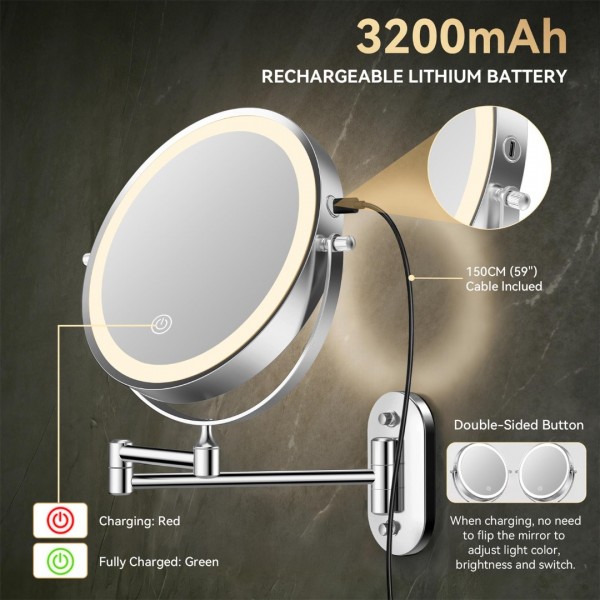 Auxmir 1X/30X Wall Mounted Lighted Makeup Mirror, Rechargeable Double-Sided Magnifying Mirror, Touch Dimmable 3 Color Lights, 360° Rotating Foldable Extension Arm