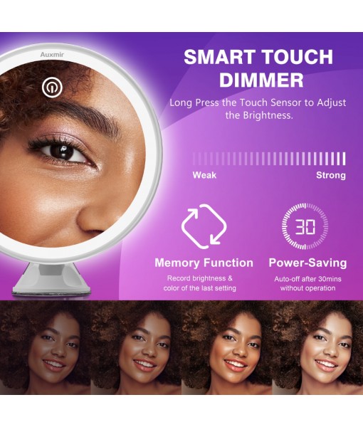 Auxmir 30X Magnifying Mirror, Rechargeable LED Magnifying Mirror with Strong Locking Suction Cup, 360° Rotating 3 Light Colors Dimmable Shaving Mirrors with Touch Switch, Bathroom Mirrors