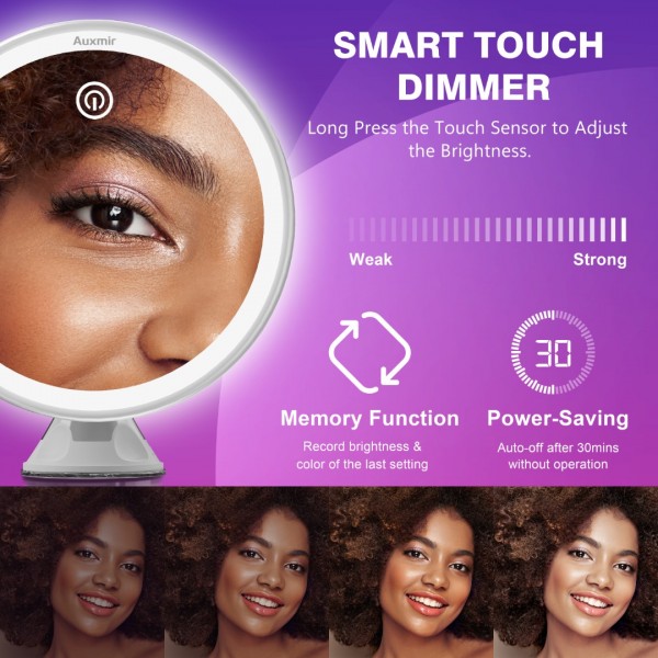Auxmir 30X Magnifying Mirror, Rechargeable LED Magnifying Mirror with Strong Locking Suction Cup, 360° Rotating 3 Light Colors Dimmable Shaving Mirrors with Touch Switch, Bathroom Mirrors