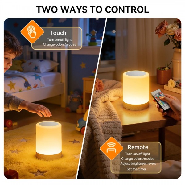 Auxmir Night Light, 3000mAh Rechargeable LED Bedside Table Lamp, Touch & Remote Control Dimmable Light, RGB Color Changing & 5 Modes, Portable Lamp for Bedroom, Living Room, Camping