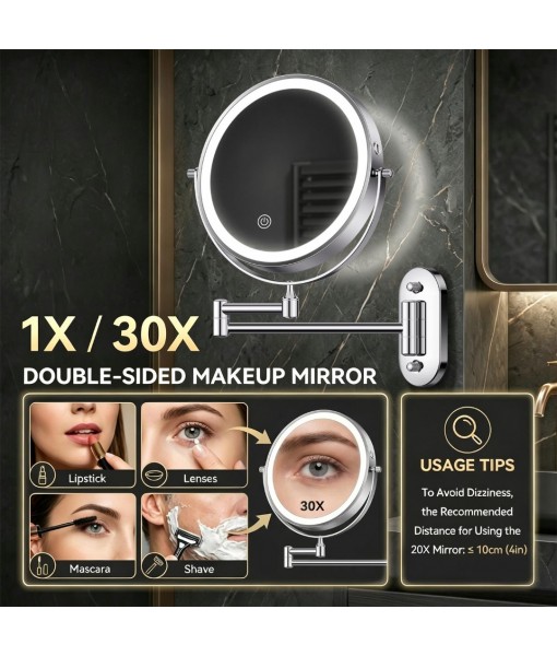 Auxmir 1X/30X Wall Mounted Lighted Makeup Mirror, Rechargeable Double-Sided Magnifying Mirror, Touch Dimmable 3 Color Lights, 360° Rotating Foldable Extension Arm