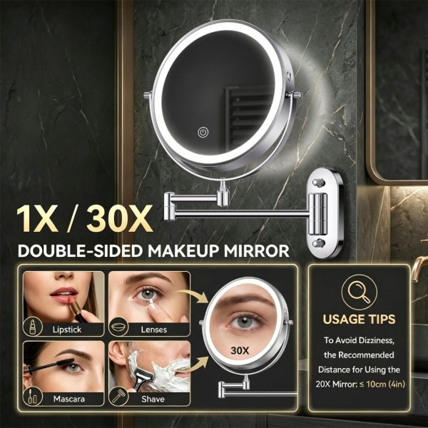 Auxmir 1X/30X Wall Mounted Lighted Makeup Mirror, Rechargeable Double-Sided Magnifying Mirror, Touch Dimmable 3 Color Lights, 360° Rotating Foldable Extension Arm