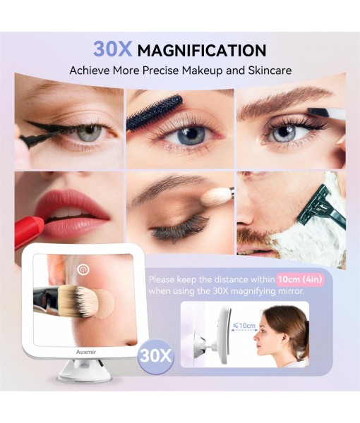 Auxmir Magnifying Mirror with Light, 30X Magnifying Lighted Makeup Mirror with Powerful Suction Cup and Tweezers, 360° Rotating 2000 mAh Rechargeable 3 Light Colors for Shaving, Bathroom, Travel