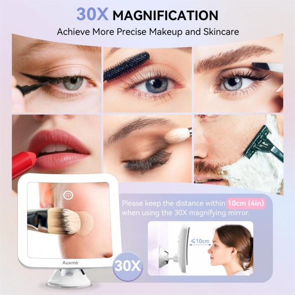 Auxmir Magnifying Mirror with Light, 30X Magnifying Lighted Makeup Mirror with Powerful Suction Cup and Tweezers, 360° Rotating 2000 mAh Rechargeable 3 Light Colors for Shaving, Bathroom, Travel