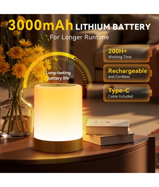 Auxmir Night Light, 3000mAh Rechargeable Baby Table Lamp, Smart Dimmable Touch Control LED Bedside Lamp with RGB Color Changing & 5 Modes, Portable Night Light for Kids, Bedroom, Living Room, Camping