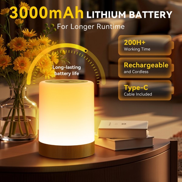 Auxmir Night Light, 3000mAh Rechargeable Baby Table Lamp, Smart Dimmable Touch Control LED Bedside Lamp with RGB Color Changing & 5 Modes, Portable Night Light for Kids, Bedroom, Living Room, Camping