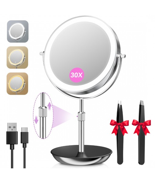 Auxmir 9" Large Lighted Makeup Mirror with Magnification, 1X/30X Double Sided Magnifying Mirror with Adjustable Height, Rechargeable Vanity Mirror with 3 Color Dimmable Lights, 360° Rotation