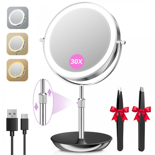 Auxmir 9" Large Lighted Makeup Mirror with Magnification, 1X/30X Double Sided Magnifying Mirror with Adjustable Height, Rechargeable Vanity Mirror with 3 Color Dimmable Lights, 360° Rotation