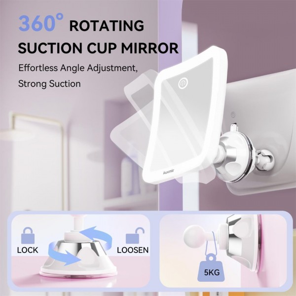 Auxmir Magnifying Mirror with Light, 30X Magnifying Lighted Makeup Mirror with Powerful Suction Cup and Tweezers, 360° Rotating 2000 mAh Rechargeable 3 Light Colors for Shaving, Bathroom, Travel