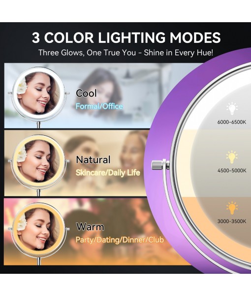Auxmir 9" Large Lighted Makeup Mirror with Magnification, 1X/30X Double Sided Magnifying Mirror with Adjustable Height, Rechargeable Vanity Mirror with 3 Color Dimmable Lights, 360° Rotation